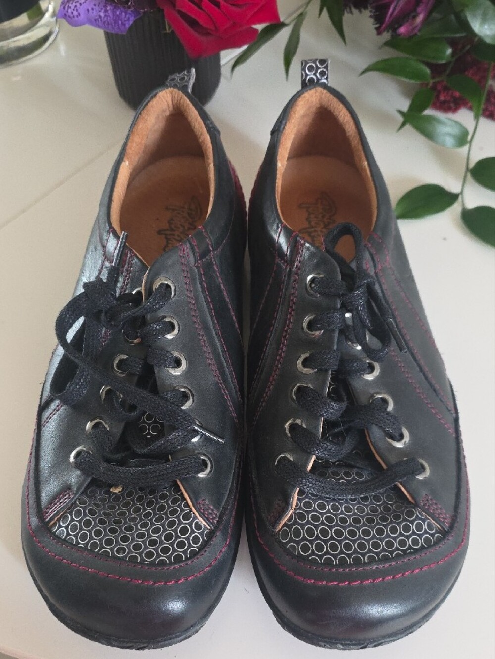 Black Sneakers with Red Heel Accent - Casual Lace-Up- Wide BOX